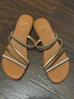 Andre Assous Tan and Gold Multi-Strap Slide Sandals